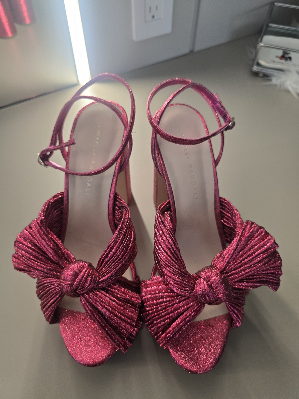Loeffler Randall Metallic Fuchsia Knot Bow Ankle-Strap Heels